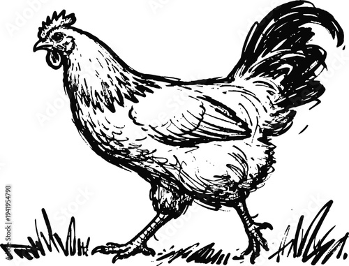 Detailed black and white illustration of a walking rooster with grass on a white background