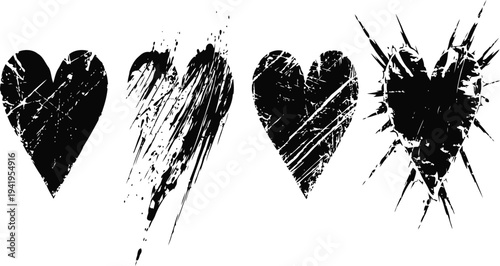 Grunge black hearts with scratched and distressed texture in various abstract shapes