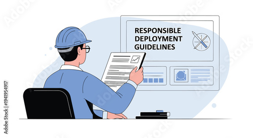 Vector illustration of man in hard hat reading guidelines for responsible deployment