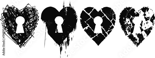 set of black grunge hearts with keyhole silhouettes in various distressed styles