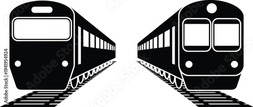 Two opposing black silhouette train engines on railway tracks, creating a symmetrical perspective of transportation and travel