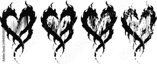 Four black flaming heart silhouettes with rough brushstroke texture on white background