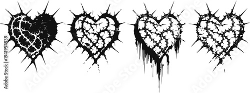 Set of four black cracked and broken heart silhouettes with thorny outlines and dripping edges