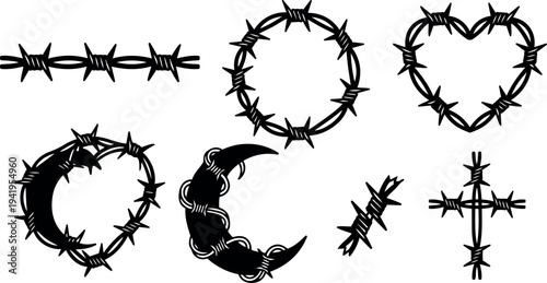 Black vector barbed wire set including straight line circle heart crescent and cross shapes isolated on white background