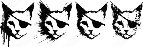 Four black and white stylized cat faces with eye patches in a grunge dripping effect