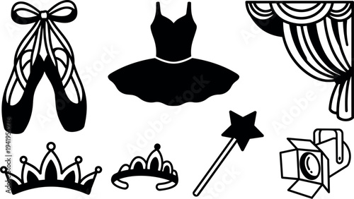 Black and white vector ballet costume shoes crown tiara magic wand theater stage curtain spotlight set