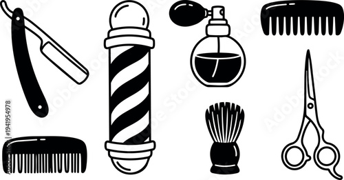 Black and white vector art set of barber tools including straight razor comb scissors perfume bottle and shaving brush