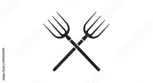 Two crossed farm pitchforks depicted in a stark black graphic style silhouette high quality professional detailed