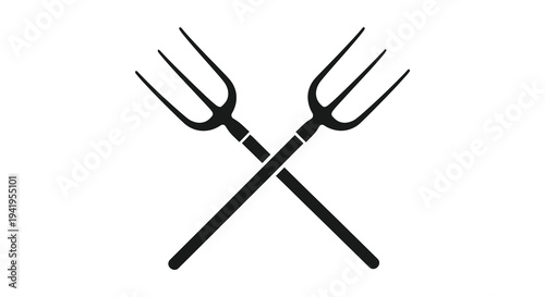 Two crossed farming pitchforks depicted in a stark graphic black silhouette high quality professional detailed modern