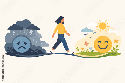 Woman Walking from Depression and Anxiety to Happiness and Optimism, Mental Health Therapy Concept, Bipolar Disorder Mood Transition, Psychological Recovery and Wellness Vector Illustration