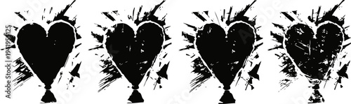 Grunge black hearts with paint splatter and distressed texture set of four