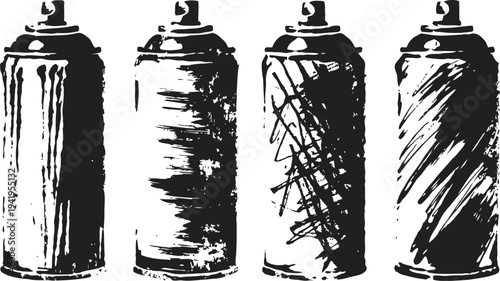 Four black and white spray paint cans with different textured shading and scribbles, artistic graffiti tools