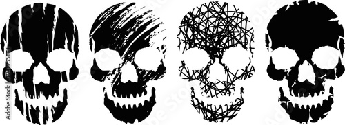 four black skull silhouettes with various rough textures and abstract line patterns on white background