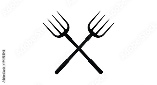 Two crossed farming pitchforks depicted in a stark black graphic silhouette high quality professional detailed modern
