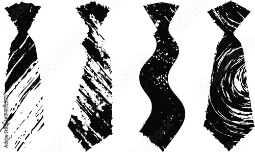 grunge neckties silhouettes with various textures and patterns, black abstract fashion design