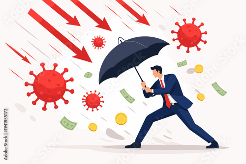 Vector illustration of a businessman leader with an umbrella resisting economic crisis impact from COVID-19 pandemic, protecting finances and money from falling market trends and recession.