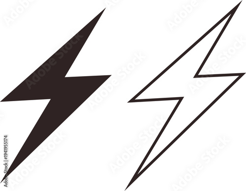 Lightning bolt icons set electric power, energy flash, thunder symbol vector silhouettes and outline shapes for electricity, storm, voltage warning sign design collection group