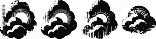 Four vintage black and white cloud illustrations with sun rays and rain elements in retro