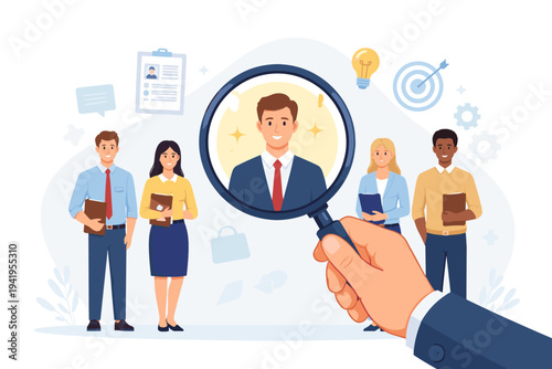 Recruitment and hiring process vector showing a hand with a magnifying glass picking a successful candidate from a diverse group of job seekers for corporate human resources talent acquisition.