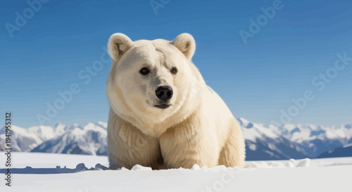 A large polar bear sits in the snow with a mountain range in the background.
