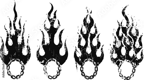 Grunge flaming chain designs set of black distressed fire flames with circular chains isolated on white background
