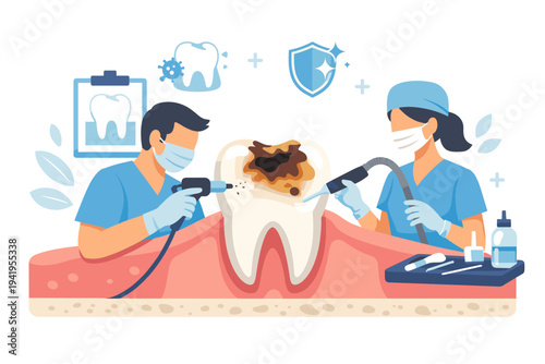 Flat Vector Illustration of a Professional Dentist and Assistant Treating a Large Unhealthy Tooth with Cavity and Decay Using Medical Tools for Oral Healthcare and Dental Hygiene Services.