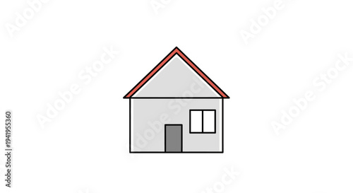 A simple illustration of a house with a red roof and a door