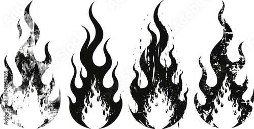 set of four grunge black flames silhouettes with distressed and solid design elements