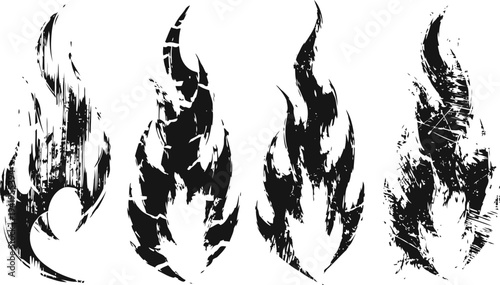 Set of four black grunge fire flames silhouettes with rough textured edges and dynamic shapes