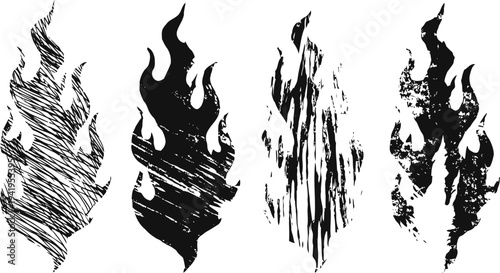 Flames silhouette vector set with textured grunge style, black and white fire illustrations for design