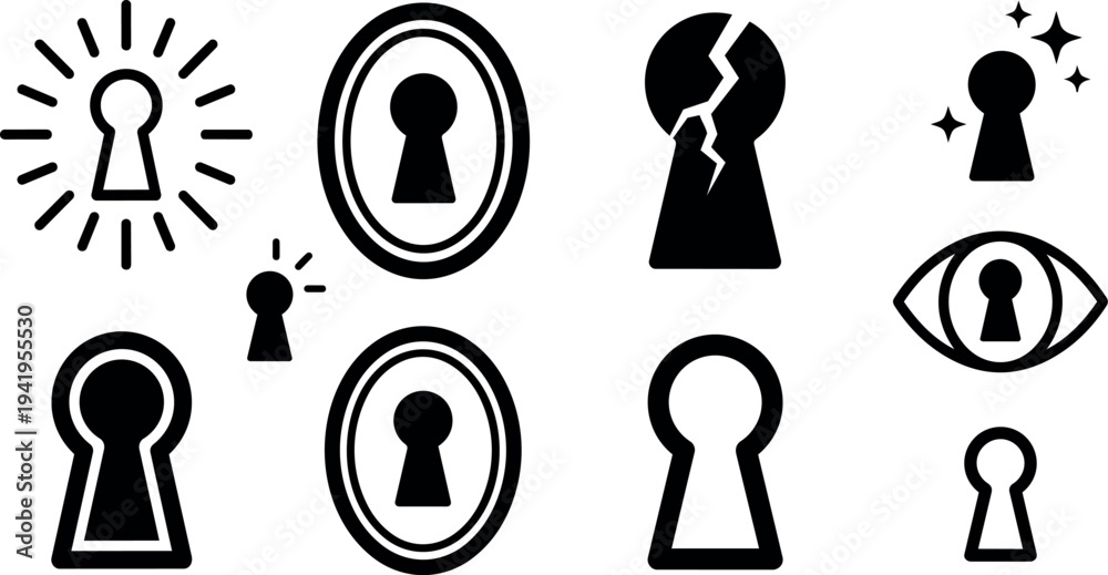 Fototapeta premium Black keyhole icons set with broken cracked shiny starry glowing outline symbols in various sizes isolated on white background