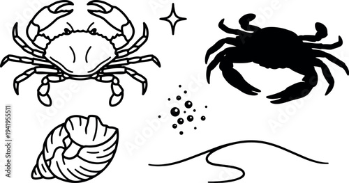 Black and white flat design crab shell icon set with decorative sea elements isolated on white background vector art illustrations