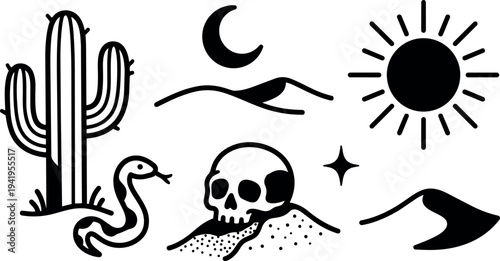 Minimalist black and white desert scene with cactus snake skull moon sun sand dunes illustration vector art