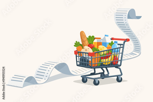 Flat vector illustration of a shopping cart filled with fresh groceries and a very long paper receipt trailing behind, representing rising food prices, inflation, and high cost of living expenses.