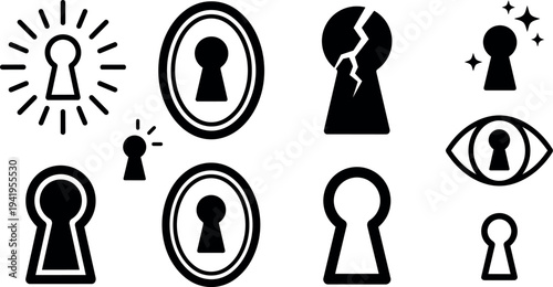 Black keyhole icons set with broken cracked shiny starry glowing outline symbols in various sizes isolated on white background
