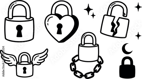 Black and white minimal vector icon set with various lock shapes heart winged chain broken safe security symbols
