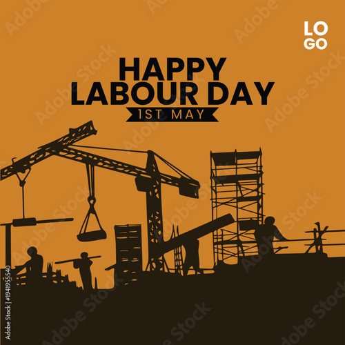 фотографія Happy Labour Day 1st May vector illustration with construction site silhouettes, cranes, scaffolding, and workers on an orange background, perfect for social media, banners, and greeting cards