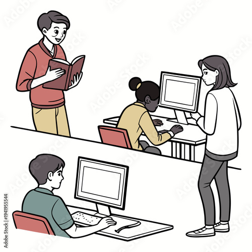 Style classroom environment with students using computers and teacher holding book