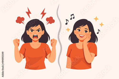 Vector illustration of a woman experiencing extreme mood swings and bipolar disorder symptoms, showing a stark contrast between intense anger and joyful happiness in a simple flat design style.