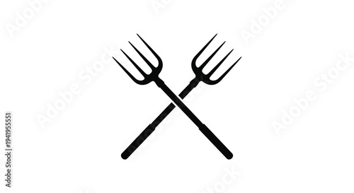 Two crossed farming forks are depicted in a stark black graphic representation silhouette high quality professional