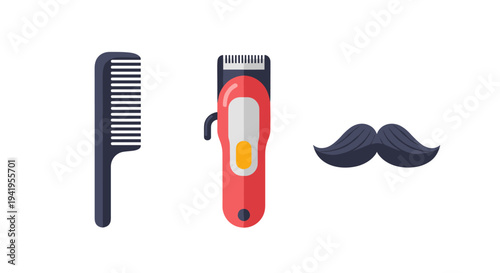 Essential flat grooming tools: comb hair clipper and mustache icon set