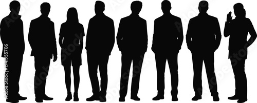 Silhouette of eight diverse business professionals standing in a row, corporate attire, teamwork, leadership, collaboration, unity, diversity, success, office culture, workplace concept