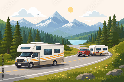 Flat vector illustration of a camper van and a red truck towing a travel trailer driving on a winding scenic mountain road with snow-capped peaks, pine forest, and a lake under a sunny sky.
