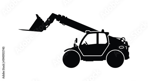 A stark black silhouette of a telescopic handler machine presented on a plain white background silhouette