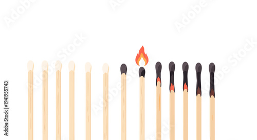 Chain reaction of burning matches illustrating concept of influence