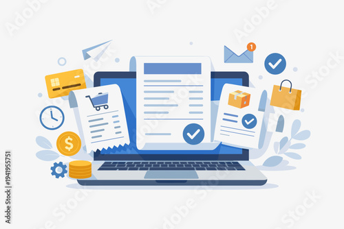 Digital Online Invoice and Billing Concept Vector Illustration with Purchase Confirmation Receipts, Credit Card, Coins, Shopping Cart, and Package Icons for E-commerce Business and Financial