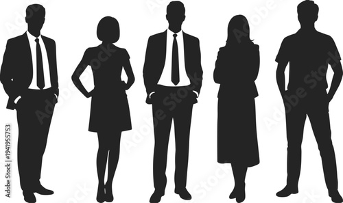 Silhouette of five diverse professionals standing side by side, business and casual attire, teamwork, leadership, collaboration, diversity, unity, corporate culture, workplace concept