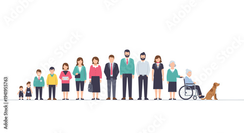 Flat stylized family generations with diverse ages and occupations in