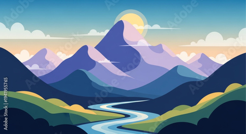 Majestic Mountain Landscape with River and Sunrise.
