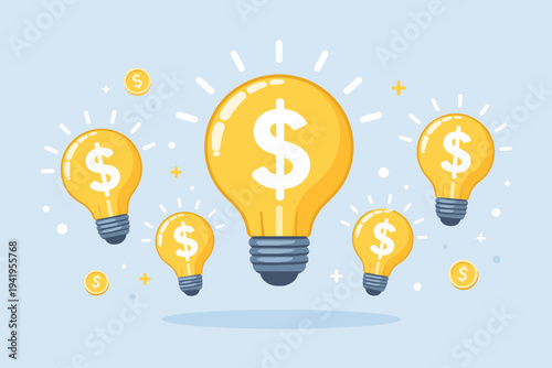 Creative business ideas and financial innovation concept with glowing yellow light bulbs featuring dollar signs, representing investment growth, profitable startups, and wealth generation.